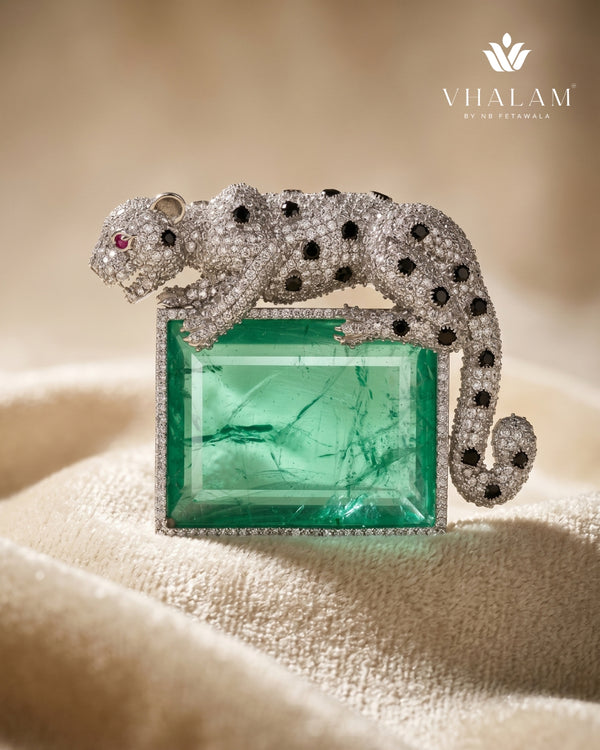 Royal Panther Pastel Green Stone Ceremonial Silver Brooch