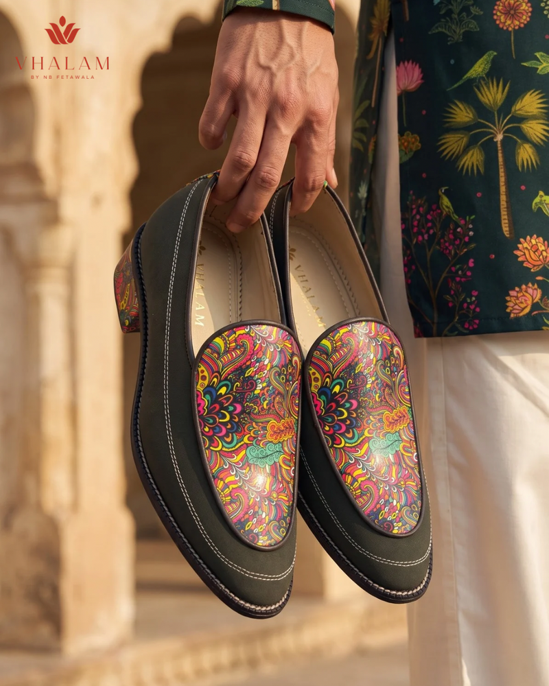 Handcrafted Maharaja Printed Green Wedding Loafers