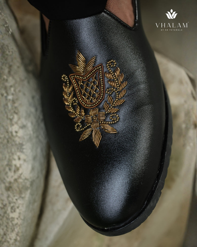 Black Raxine Groom Lofer with Handcrafted Golden Crest Embroidery