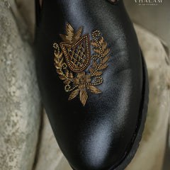 Black Raxine Groom Lofer with Handcrafted Golden Crest Embroidery