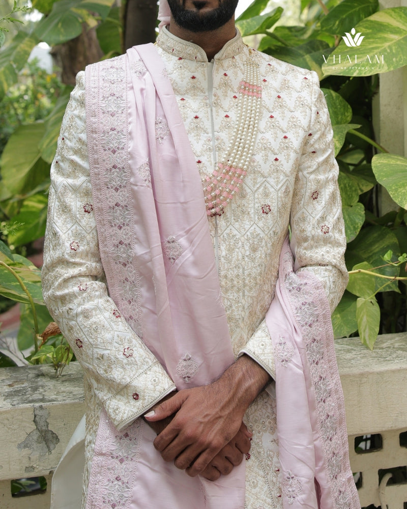 Elegant Baby Pink Embroidered Silk Shawl for Groom