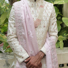 Elegant Baby Pink Embroidered Silk Shawl for Groom