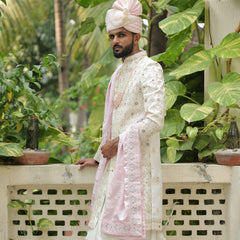 Elegant Light Pink Groom Pagdi with Pearls & Embroidery