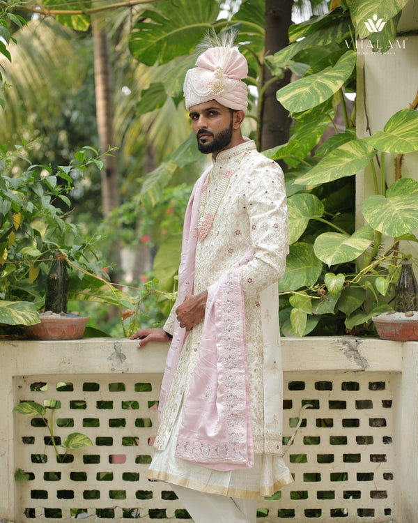Elegant Light Pink Groom Pagdi with Pearls & Embroidery
