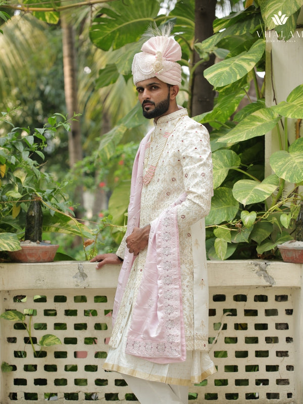 Elegant Light Pink Groom Pagdi with Pearls & Embroidery