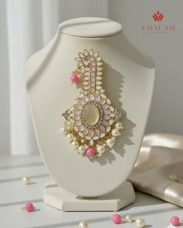 Emerald Pink and White Kundan Pearl Brooch