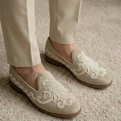 Skylark Hand-Beaded Floral Scroll Suede Loafers
