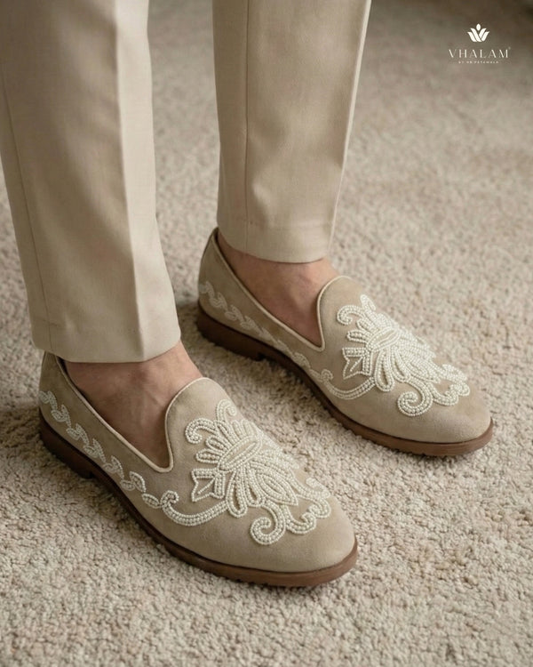 Skylark Hand-Beaded Floral Scroll Suede Loafers