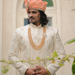 Royal Peach Wedding Groom Turban with Brooch & Feather