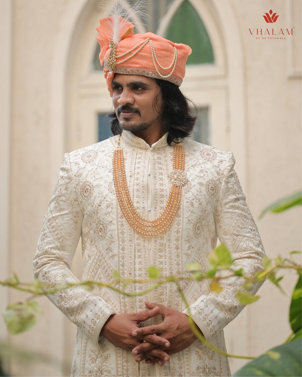 Royal Peach Wedding Groom Turban with Brooch & Feather