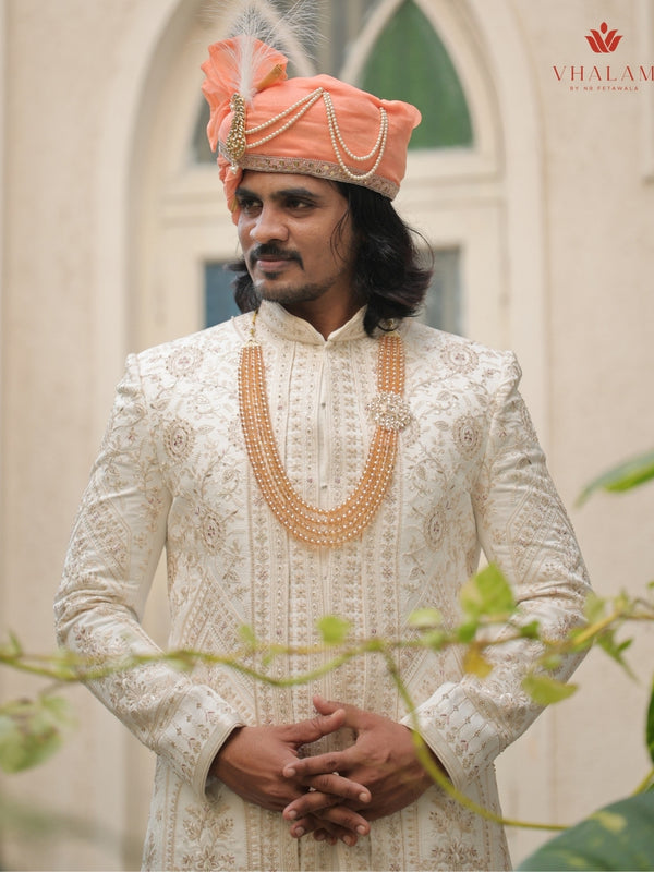 Royal Peach Wedding Groom Turban with Brooch & Feather