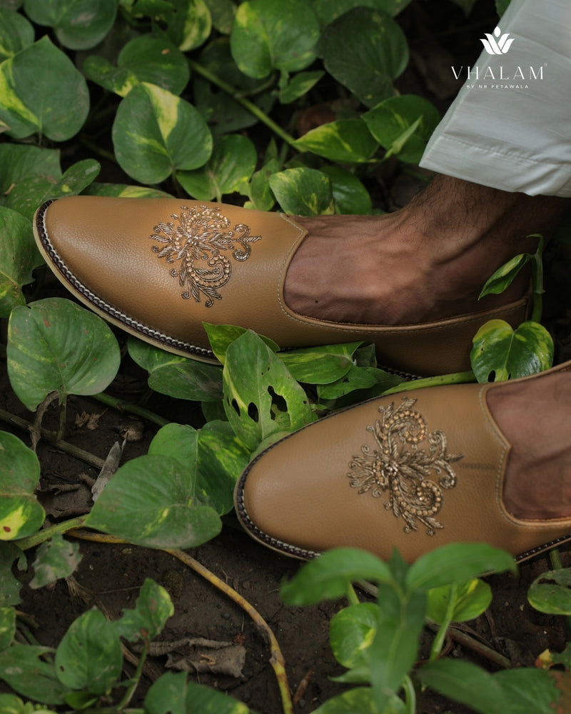 Handmade Camel Tan Mojdi with Intricate Hand Embroidery