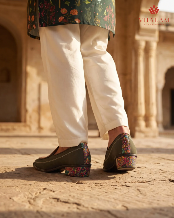 Handcrafted Maharaja Printed Green Wedding Loafers
