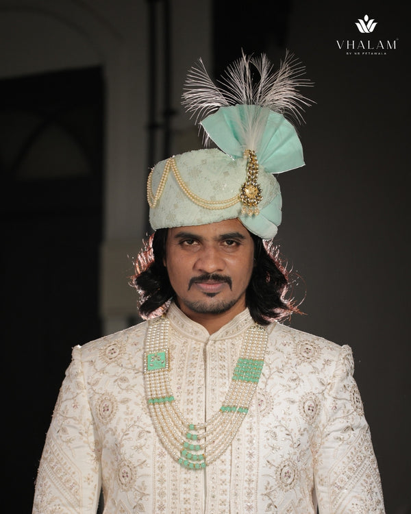 Mint Green Embroidered Groom Turban with Brooch & Feather