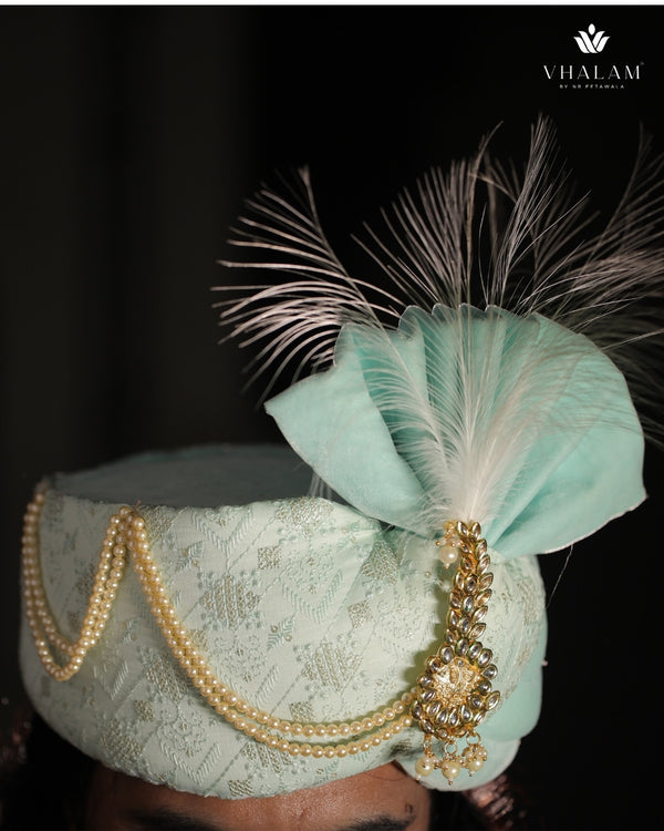 Mint Green Embroidered Groom Turban with Brooch & Feather
