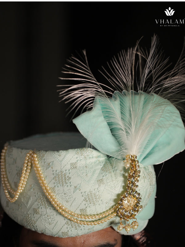 Mint Green Embroidered Groom Turban with Brooch & Feather