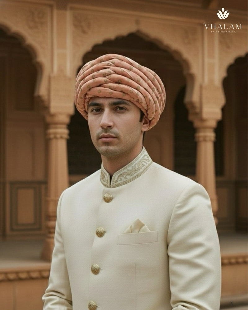Peach & Gold Foil Print Rajasthani Pagdi