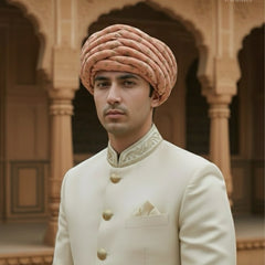 Peach & Gold Foil Print Rajasthani Pagdi