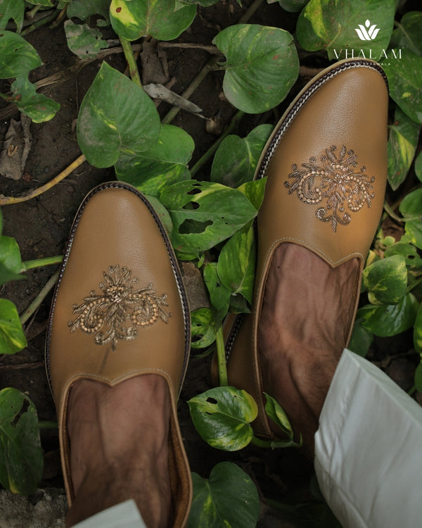Handmade Camel Tan Mojdi with Intricate Hand Embroidery