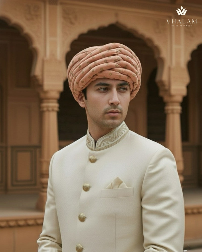 Peach & Gold Foil Print Rajasthani Pagdi