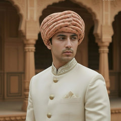 Peach & Gold Foil Print Rajasthani Pagdi