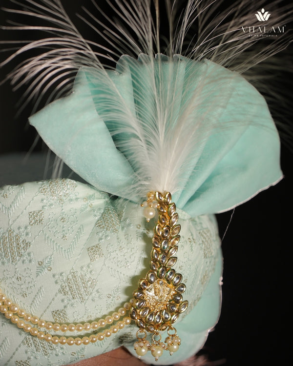 Mint Green Embroidered Groom Turban with Brooch & Feather