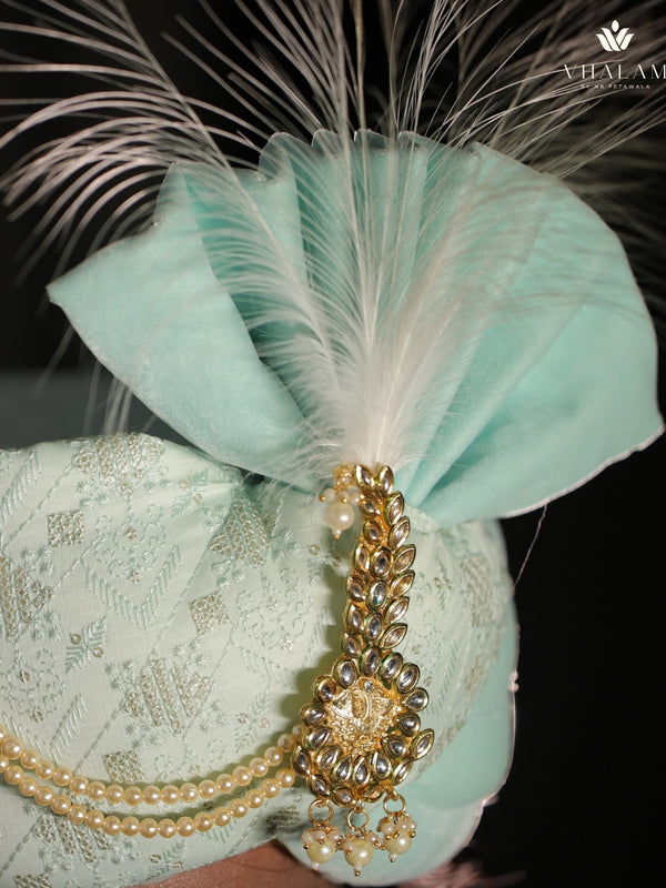 Mint Green Embroidered Groom Turban with Brooch & Feather