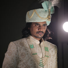 Mint Green Embroidered Groom Turban with Brooch & Feather