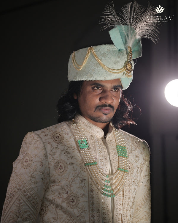 Mint Green Embroidered Groom Turban with Brooch & Feather