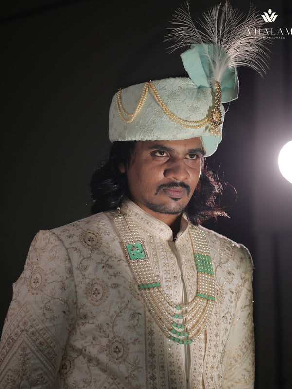 Mint Green Embroidered Groom Turban with Brooch & Feather