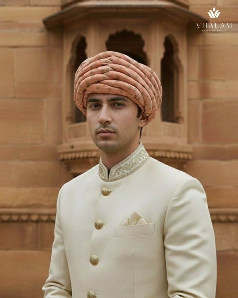 Peach & Gold Foil Print Rajasthani Pagdi