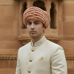 Peach & Gold Foil Print Rajasthani Pagdi