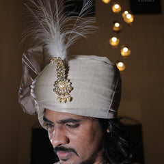 Classic Beige Groom Turban with Kundan Brooch & Feather