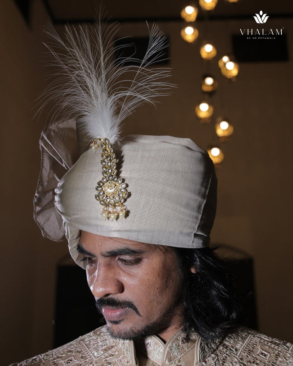 Classic Beige Groom Turban with Kundan Brooch & Feather