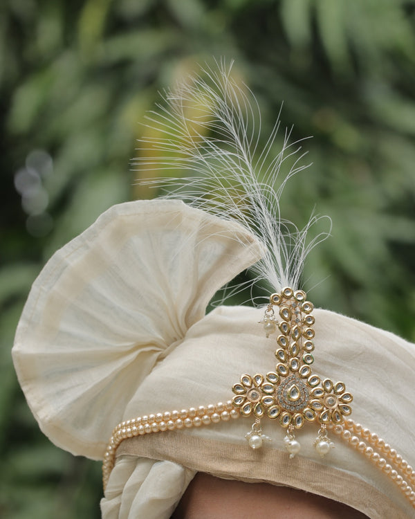 Ivory Wedding Turban (Safa) with Kundan and Pearl Kalangi