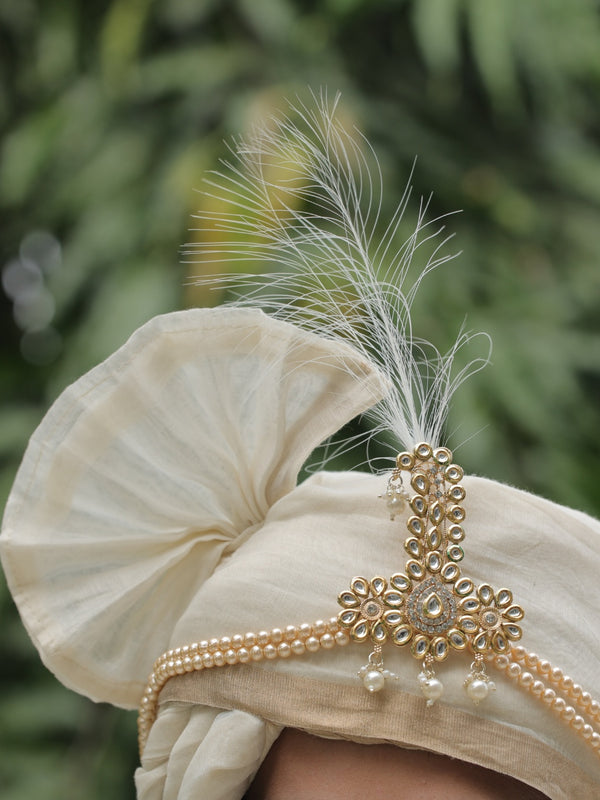 Ivory Wedding Turban (Safa) with Kundan and Pearl Kalangi
