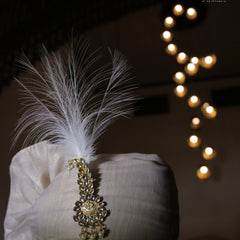 Classic Beige Groom Turban with Kundan Brooch & Feather