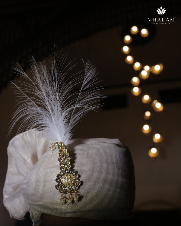 Classic Beige Groom Turban with Kundan Brooch & Feather