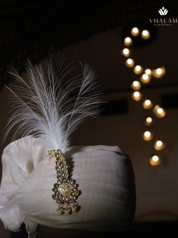 Classic Beige Groom Turban with Kundan Brooch & Feather