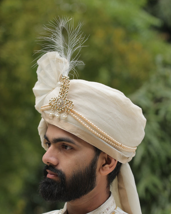 Ivory Wedding Turban (Safa) with Kundan and Pearl Kalangi