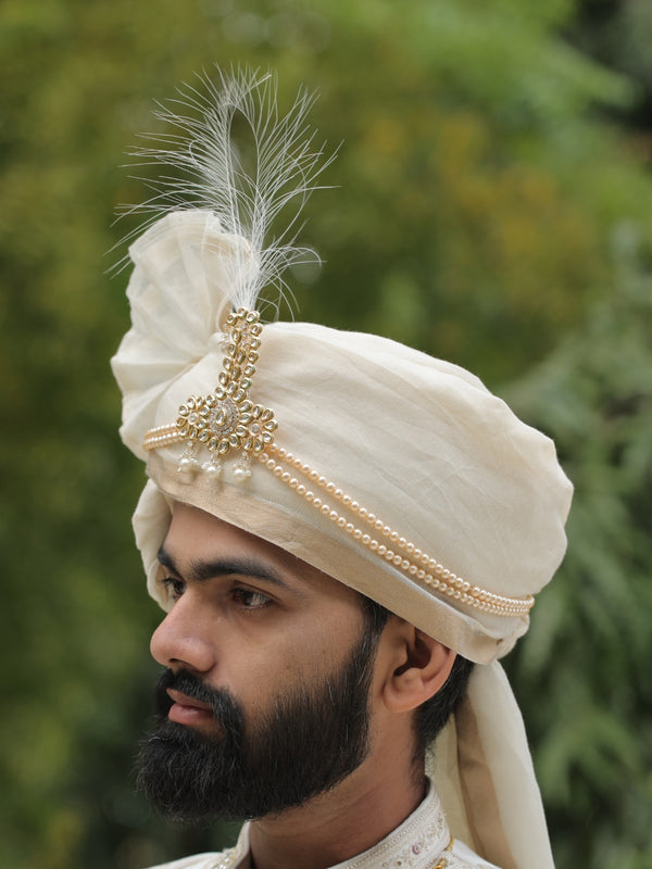 Ivory Wedding Turban (Safa) with Kundan and Pearl Kalangi