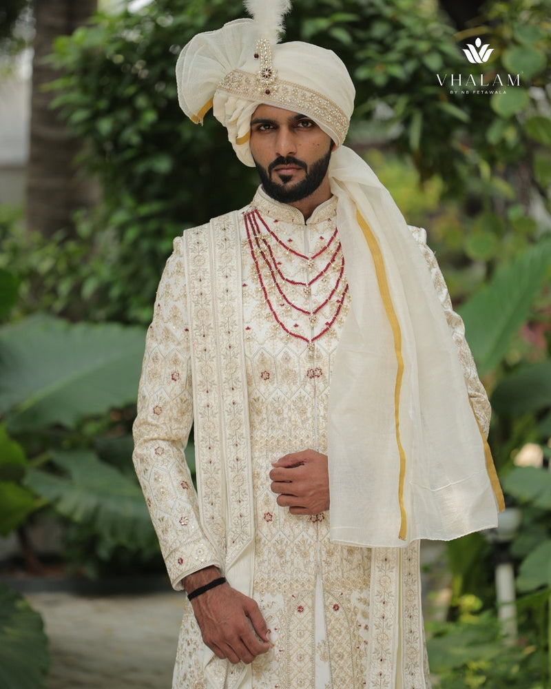 Ivory Embroidered Groom Dupatta with Zari and Sequin Detailing