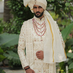 Ivory Embroidered Groom Dupatta with Zari and Sequin Detailing