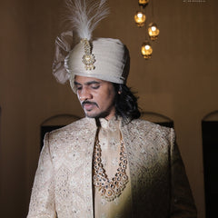 Classic Beige Groom Turban with Kundan Brooch & Feather