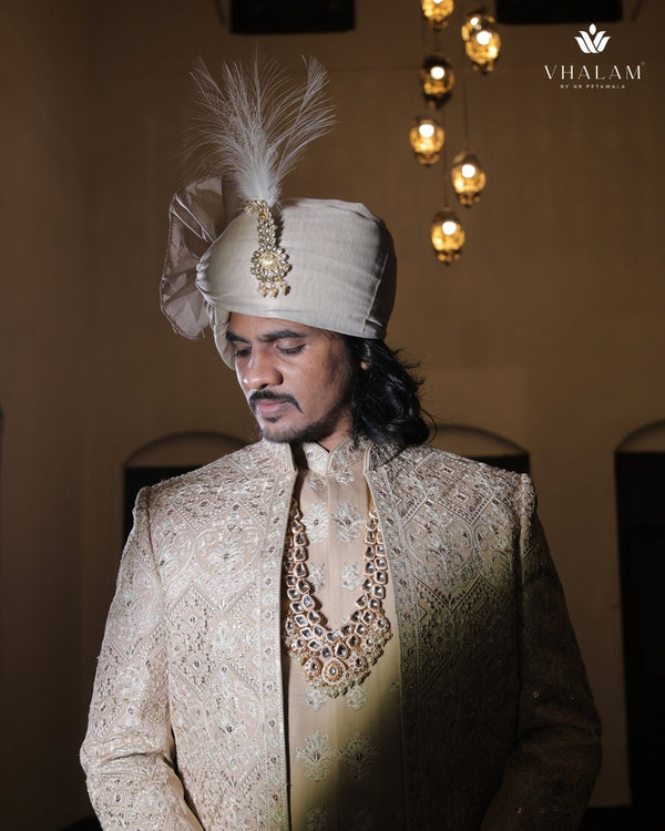 Classic Beige Groom Turban with Kundan Brooch & Feather