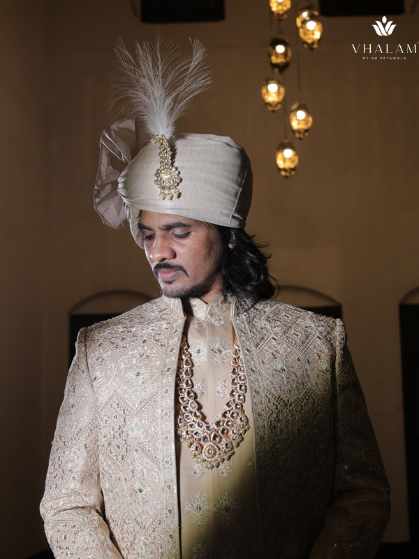 Classic Beige Groom Turban with Kundan Brooch & Feather