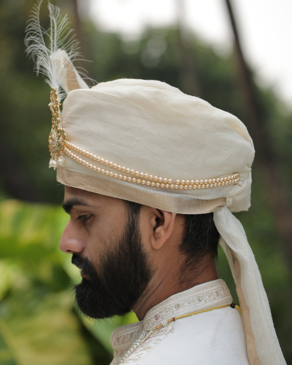 Ivory Wedding Turban (Safa) with Kundan and Pearl Kalangi