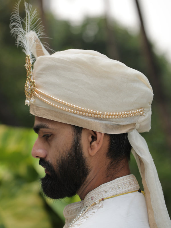 Ivory Wedding Turban (Safa) with Kundan and Pearl Kalangi