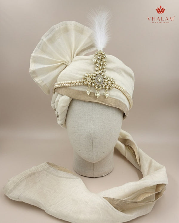Ivory Beige Groom Turban with Pearl Brooch & Feather