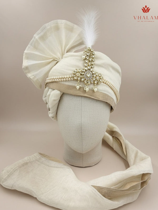 Ivory Beige Groom Turban with Pearl Brooch & Feather